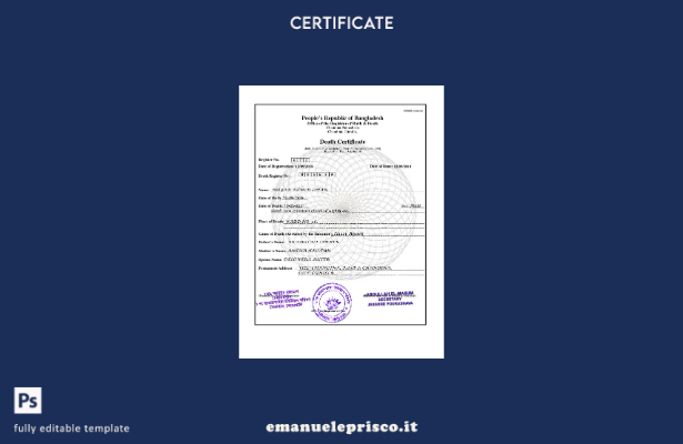 stile verificato Modello di certificato di morte del Bangladesh in formato PSD, 